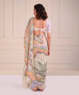 Ivory Print Organic Cotton Saree Set 6