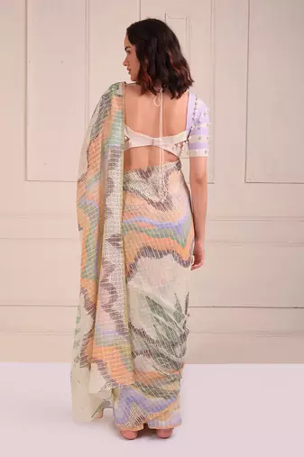 Ivory Print Organic Cotton Saree Set
