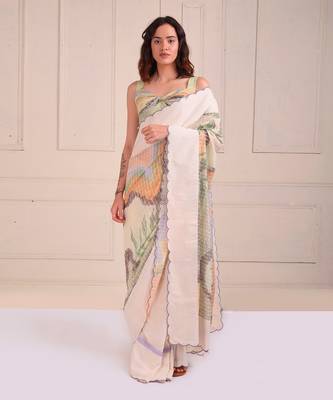 Ivory Print Organic Cotton Saree Set 1