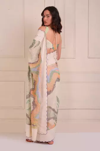 Ivory Print Organic Cotton Saree Set