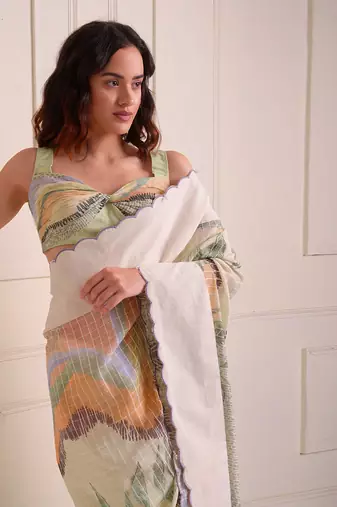 Ivory Print Organic Cotton Saree Set
