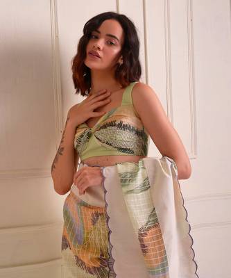Ivory Print Organic Cotton Saree Set 4