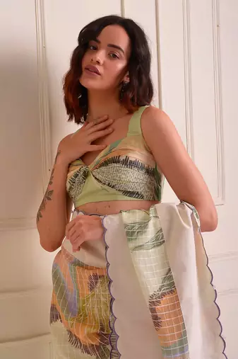 Ivory Print Organic Cotton Saree Set