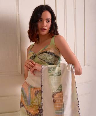 Ivory Print Organic Cotton Saree Set 5