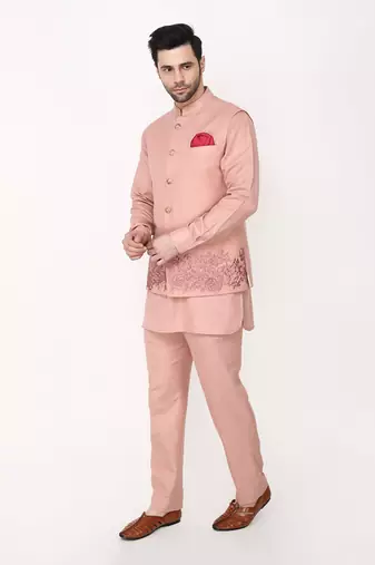 Pink Resham Embroidery Bundi Jacket Set