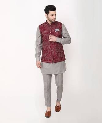 Maroon Resham Embroidery Bundi Jacket Set 1