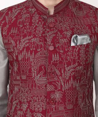 Maroon Resham Embroidery Bundi Jacket Set 6