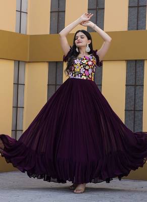 Wine Georgette With Sequins Multithreaded Embroidered work gown 1