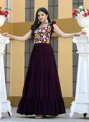 Wine Georgette With Sequins Multithreaded Embroidered work gown 4