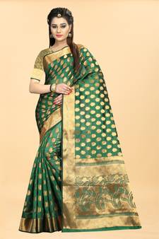 Green Woven Banarasi silk blend Saree With Blouse