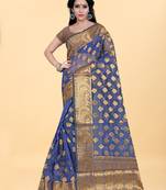 Blue Woven Banarasi silk blend Saree With Blouse