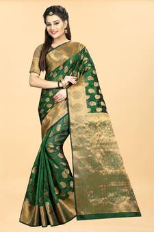 Green Woven Banarasi silk blend Saree With Blouse