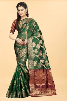 Green Woven Banarasi silk blend Saree With Blouse