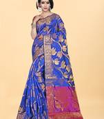 Blue Woven Banarasi silk blend Saree With Blouse