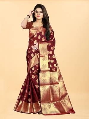 Maroon Woven Banarasi silk blend Saree With Blouse 1