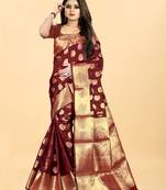 Maroon Woven Banarasi silk blend Saree With Blouse