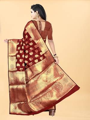 Maroon Woven Banarasi silk blend Saree With Blouse 2