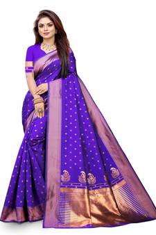 Blue Woven Banarasi silk blend Saree With Blouse