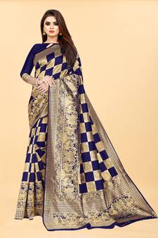 Blue Woven Banarasi silk blend Saree With Blouse
