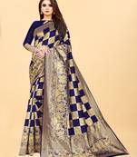 Blue Woven Banarasi silk blend Saree With Blouse