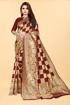 Maroon Woven Banarasi silk blend Saree With Blouse