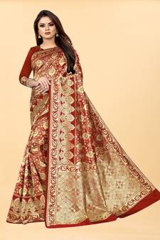 Red Woven Banarasi silk blend Saree With Blouse