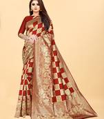 Red Woven Banarasi silk blend Saree With Blouse