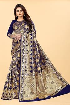 Blue Woven Banarasi silk blend Saree With Blouse