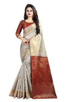 Off White Woven Banarasi silk blend Saree With Blouse