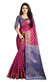 Pink Woven Banarasi silk blend Saree With Blouse