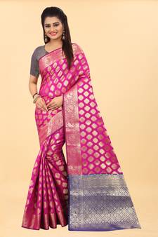 Pink Woven Banarasi silk blend Saree With Blouse