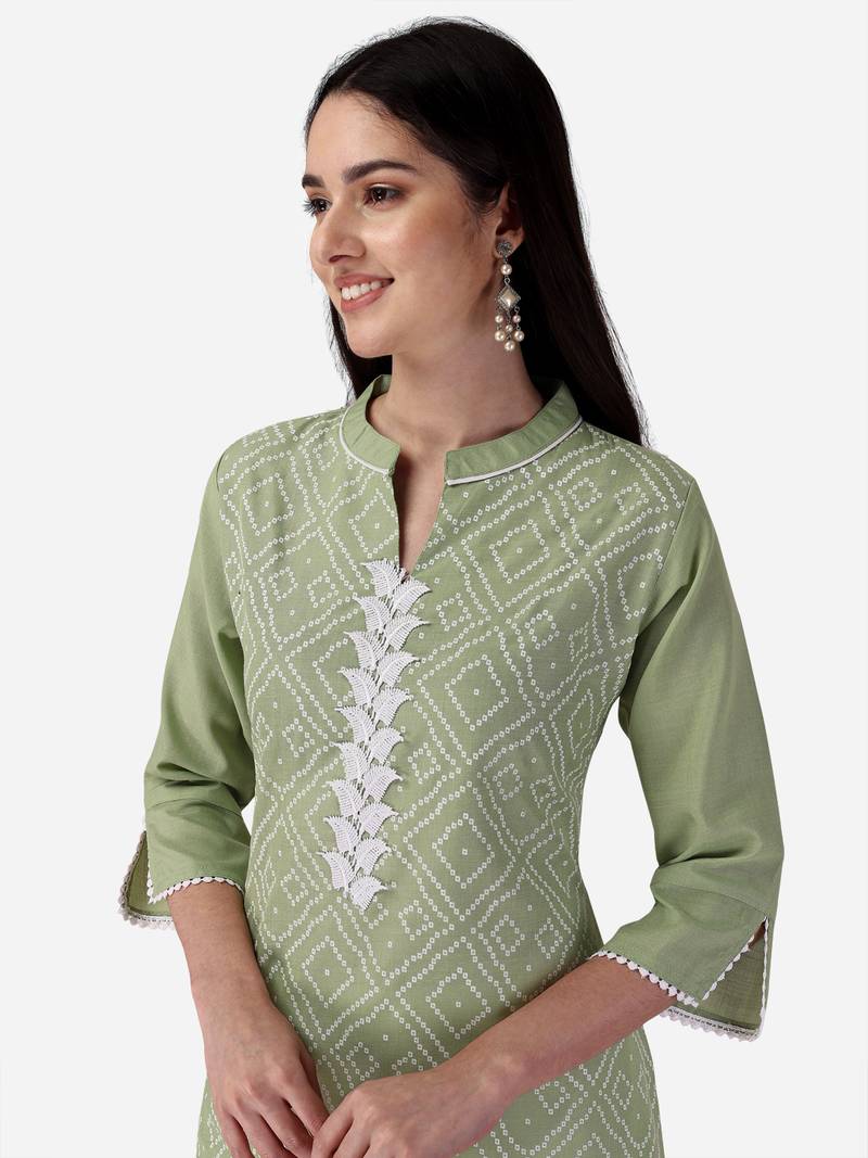 Seamore Cotton Slub Pista Printed For Women Stitched Kurta Set