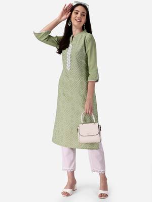 Seamore Cotton Slub Pista Printed For Women Stitched Kurta Set 5