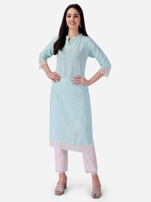 Seamore Cotton Slub Firozi Printed For Women Stitched Kurta Set 1