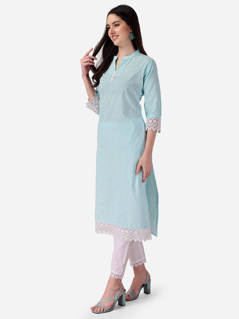 Seamore Cotton Slub Firozi Printed For Women Stitched Kurta Set