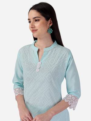 Seamore Cotton Slub Firozi Printed For Women Stitched Kurta Set 3