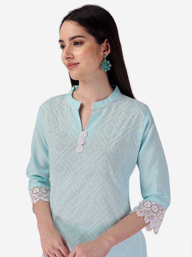 Seamore Cotton Slub Firozi Printed For Women Stitched Kurta Set