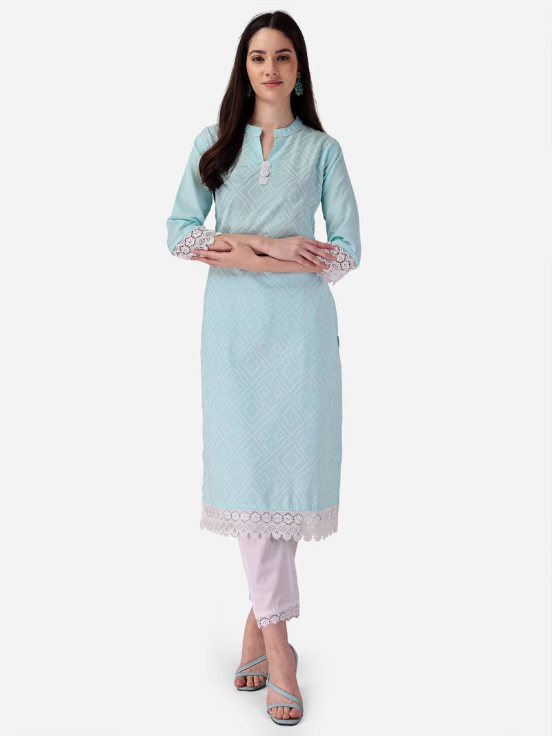 Seamore Cotton Slub Firozi Printed For Women Stitched Kurta Set