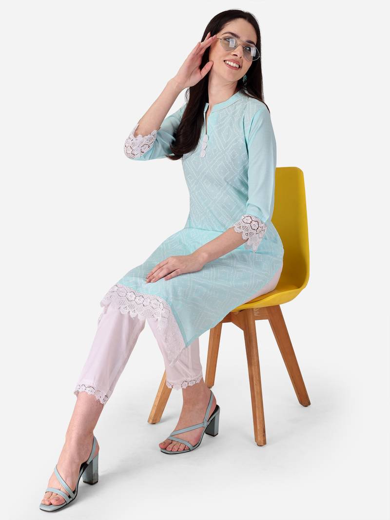 Seamore Cotton Slub Firozi Printed For Women Stitched Kurta Set