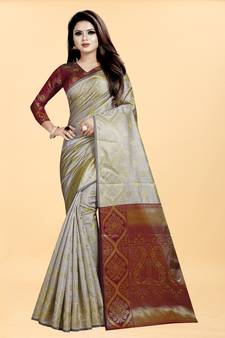 Off White Woven Banarasi silk blend Saree With Blouse