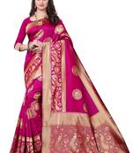 Pink Woven Banarasi silk blend Saree With Blouse