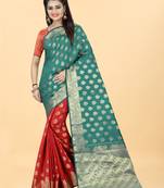 Red Woven Banarasi silk blend Saree With Blouse