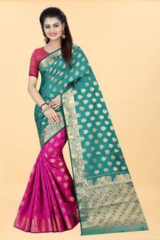 Pink Woven Banarasi silk blend Saree With Blouse