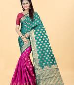 Pink Woven Banarasi silk blend Saree With Blouse