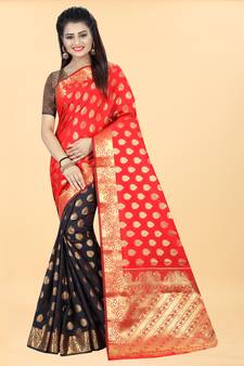 Black Woven Banarasi silk blend Saree With Blouse