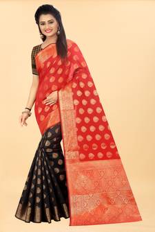 Black Woven Banarasi silk blend Saree With Blouse