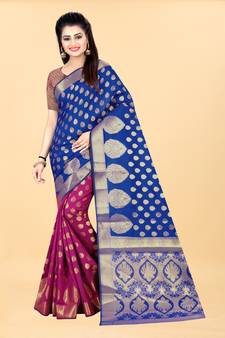 Pink Woven Banarasi silk blend Saree With Blouse