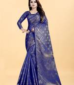 Blue Woven Banarasi silk blend Saree With Blouse