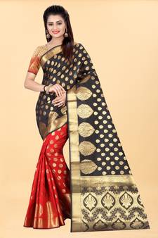 Red Woven Banarasi silk blend Saree With Blouse