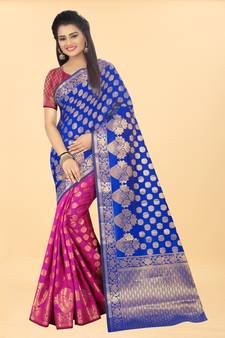 Pink Woven Banarasi silk blend Saree With Blouse